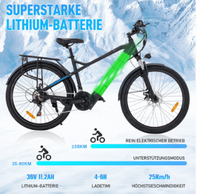 26 Zoll E Bike Herren/Damen, Elektrofahrrad, – Bild 5